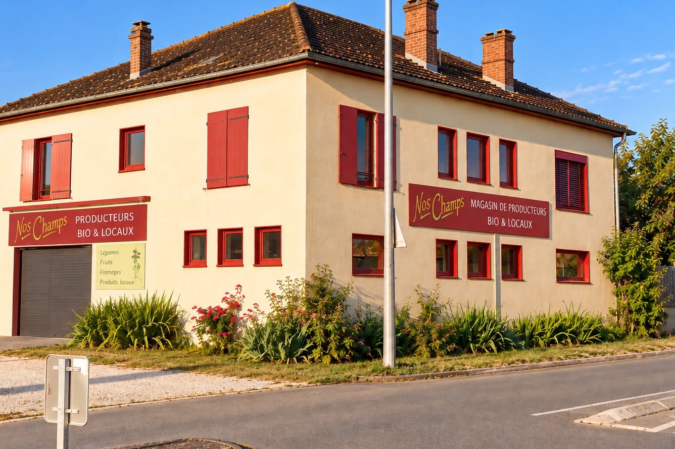 Le bâtiment de Nos Champs côté route, crème aux volets rouges, avec ses enseignes « Magasin de producteurs, bio et locaux »