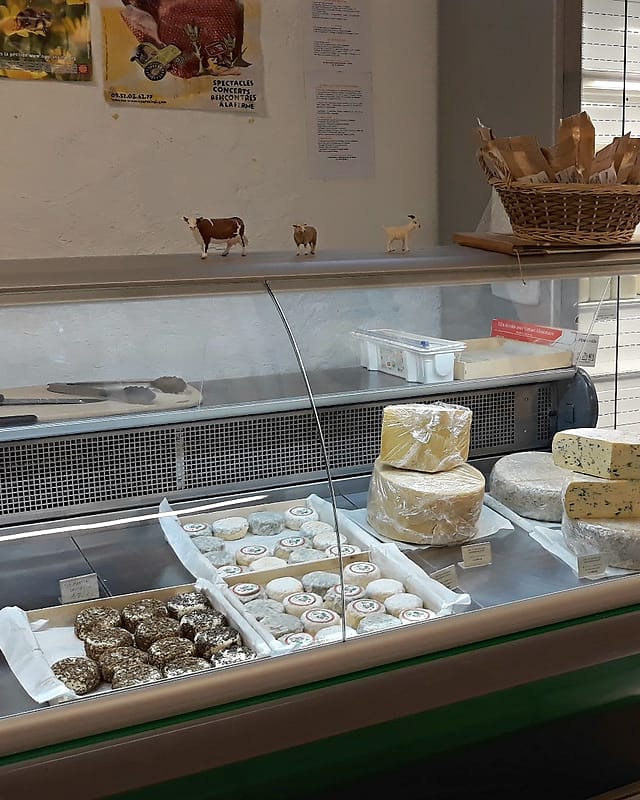 Vitrine de la crèmerie du magasin avec fromages de chèvre et tommes