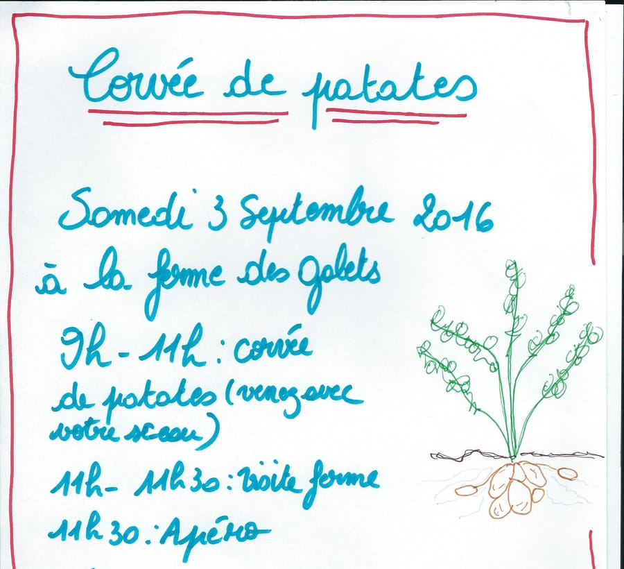 Affiche manuscrite de la corvée de patates du samedi 3 septembre 2016 à la ferme des Galets